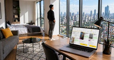 A bright, modern studio apartment interior at Empire City Damansara featuring a young professional overlooking the PJ skyline, illustrating efficient urban living