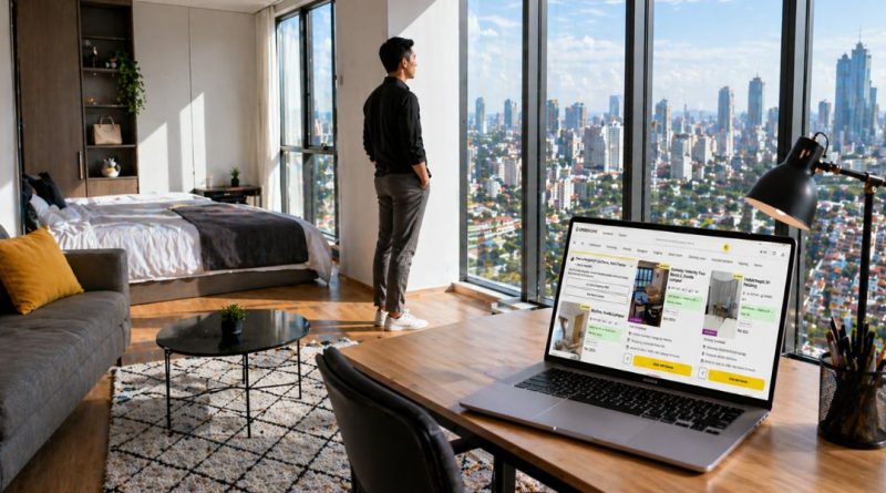 A bright, modern studio apartment interior at Empire City Damansara featuring a young professional overlooking the PJ skyline, illustrating efficient urban living