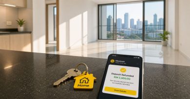 A clean Malaysian apartment ready for handover with a smartphone showing a successful security deposit refund notification