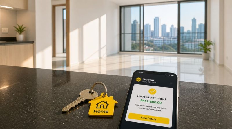 A clean Malaysian apartment ready for handover with a smartphone showing a successful security deposit refund notification