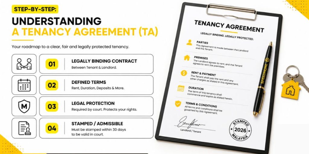 A clean, branded checklist graphic illustrating the 4 key steps in understanding a Tenancy Agreement in Malaysia, using yellow and black accents