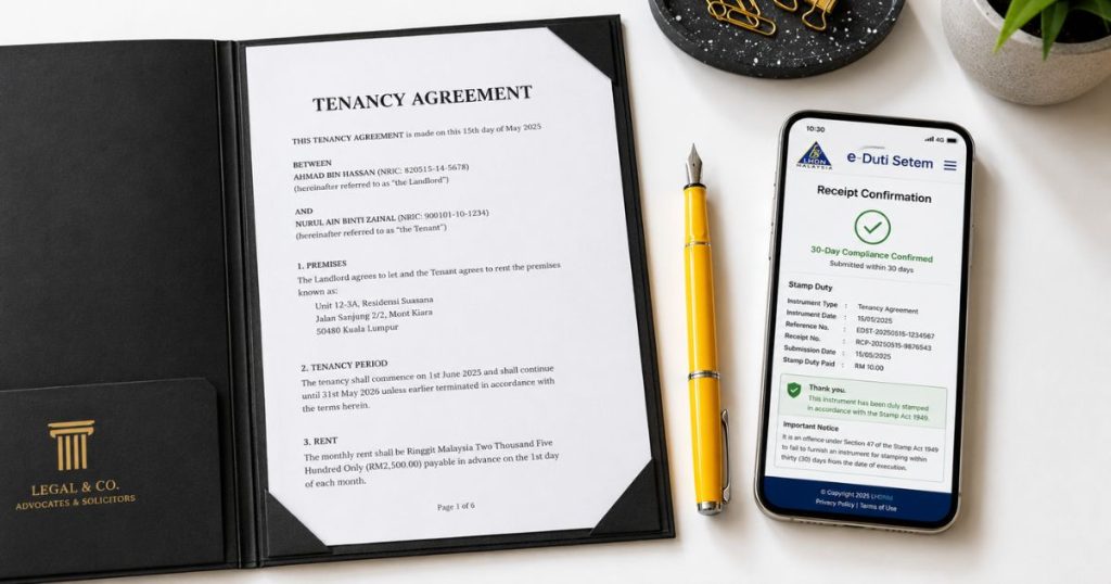 A clean legal workspace setup showing a tenancy agreement and digital stamping verification portal interface, representing lease security