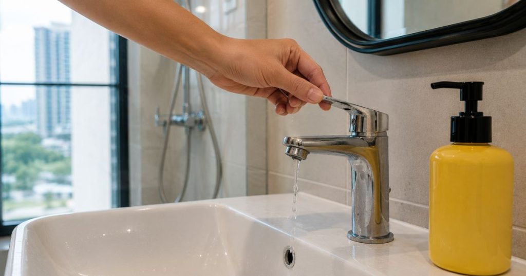 A close-up view of a malfunctioning bathroom faucet with low water pressure, illustrating a daily frustration for tenants