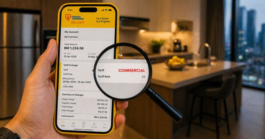 A close-up visual of a Malaysian utility bill highlighting commercial tariff rates commonly found in serviced residences