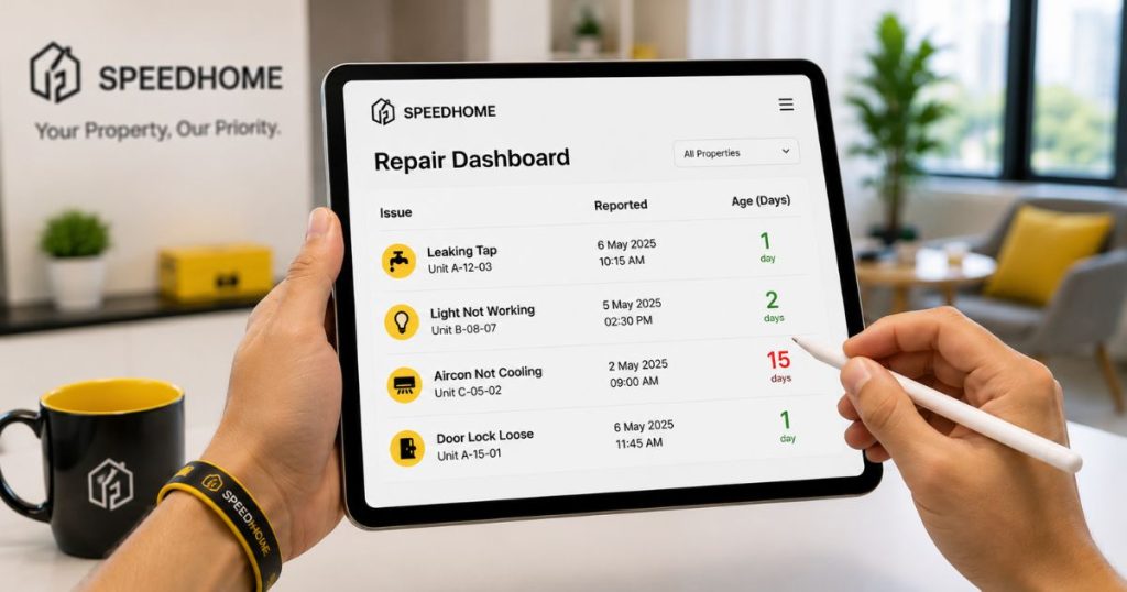A dashboard displayed on a tablet screen showing simplified metrics tracking repair request ages in a modern office setting