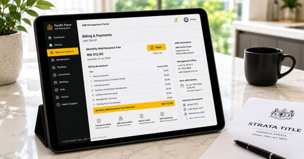 A digital tablet dashboard displaying JMB strata management guidelines and maintenance fee verification records