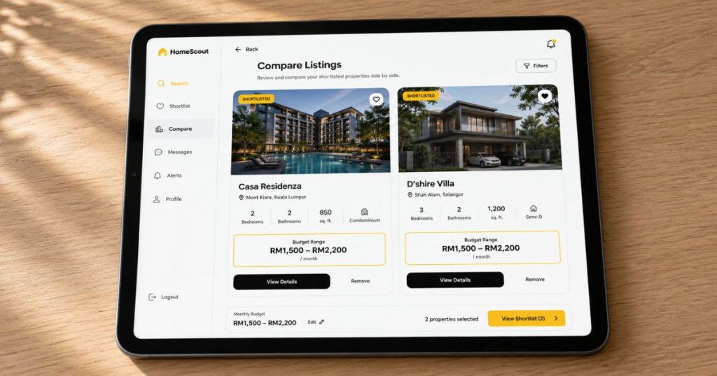 A digital tablet dashboard filtering property listings and mid-tier condo rental prices across the Kota Damansara corridor