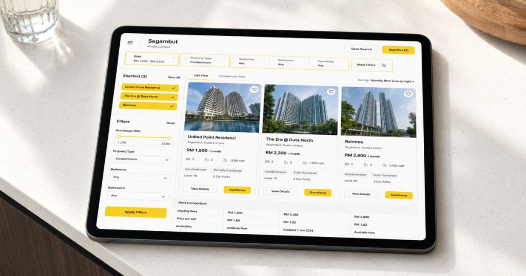 A digital tablet interface displaying property listing cards and layout filters for purpose-built condos in Segambut