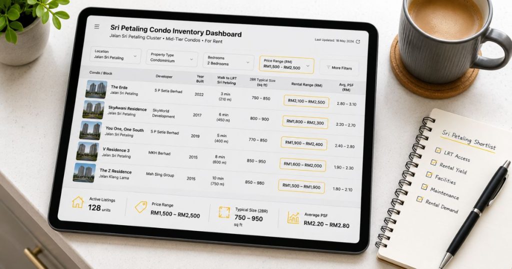 A digital tablet interface showcasing localized condo listings, pricing matrices, and layout filters across Sri Petaling.]