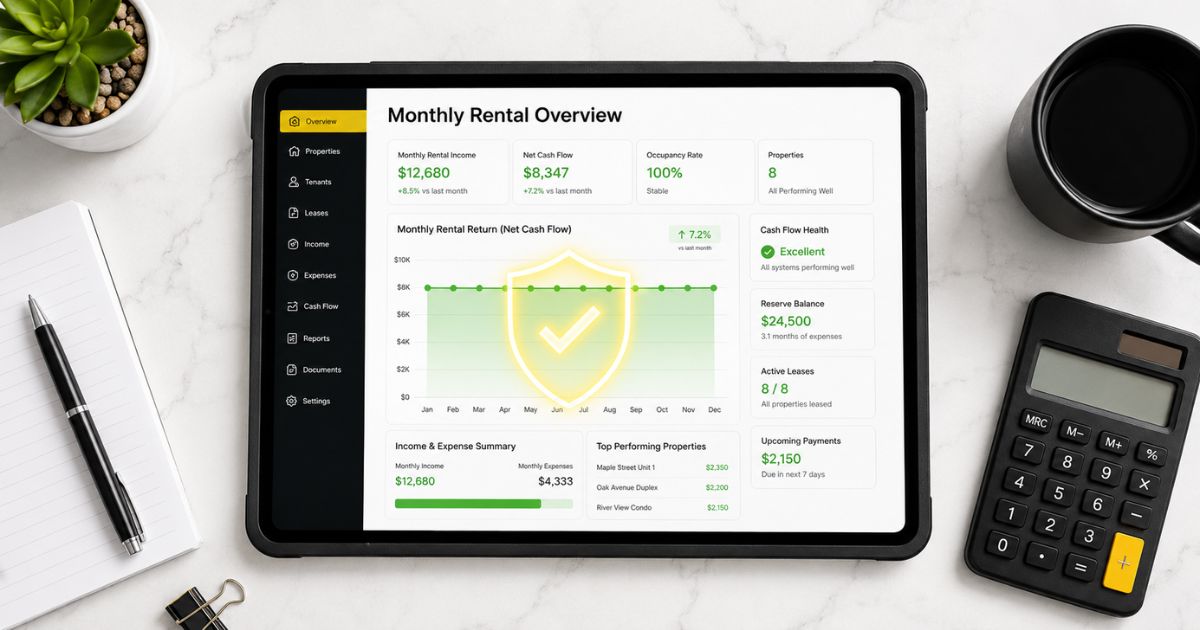 A digital tablet showing a stable rental cash flow graph protected by a digital shield, representing automated rent protection