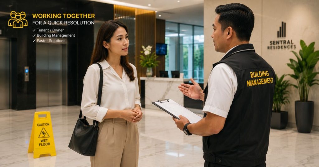 A landlord coordinating with building management regarding a ceiling leak in a high-rise apartment
