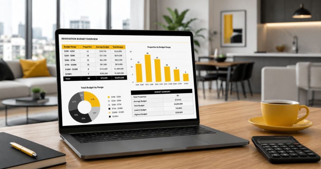 A laptop displaying a cost comparison chart for different levels of rental renovations in Malaysia
