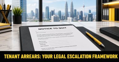 A legal notice document and a yellow pen on a desk, representing the lawful eviction and debt recovery process for Malaysian landlords