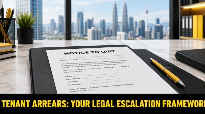 A legal notice document and a yellow pen on a desk, representing the lawful eviction and debt recovery process for Malaysian landlords