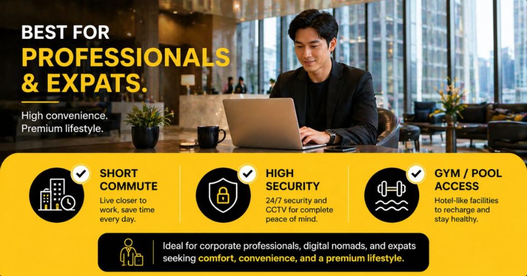 A lifestyle graphic depicting the target demographic for serviced residences in Malaysia, including young professionals and expats