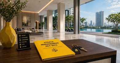 A luxury Malaysian condominium lobby with a legal folder on strata management, representing the importance of maintenance fees