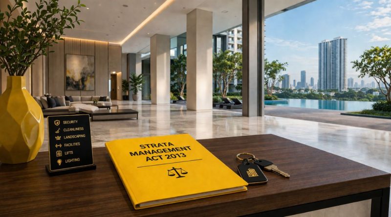 A luxury Malaysian condominium lobby with a legal folder on strata management, representing the importance of maintenance fees