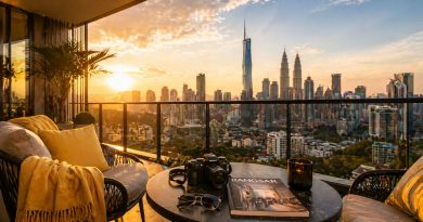 A luxury balcony view of the Kuala Lumpur skyline from a Bangsar condominium, representing the premium urban lifestyle of the neighborhood
