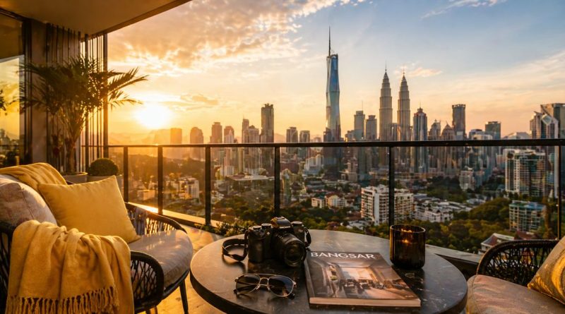 A luxury balcony view of the Kuala Lumpur skyline from a Bangsar condominium, representing the premium urban lifestyle of the neighborhood