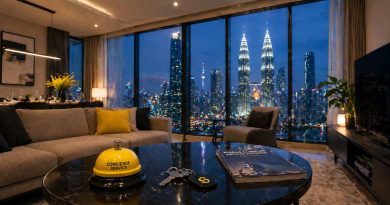 A luxury serviced residence interior in Kuala Lumpur featuring a city skyline view and premium amenities, symbolizing the high-convenience lifestyle