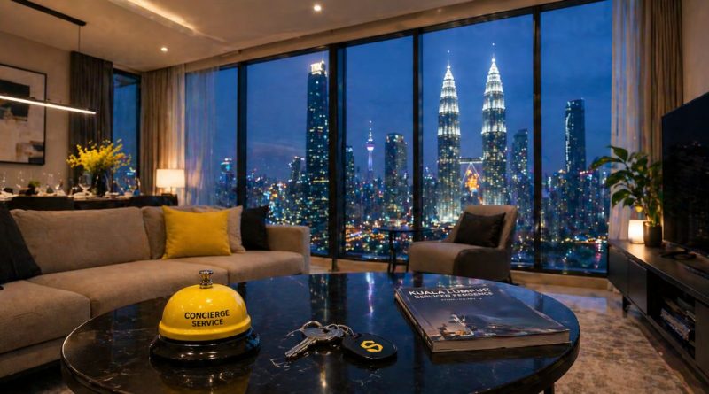 A luxury serviced residence interior in Kuala Lumpur featuring a city skyline view and premium amenities, symbolizing the high-convenience lifestyle