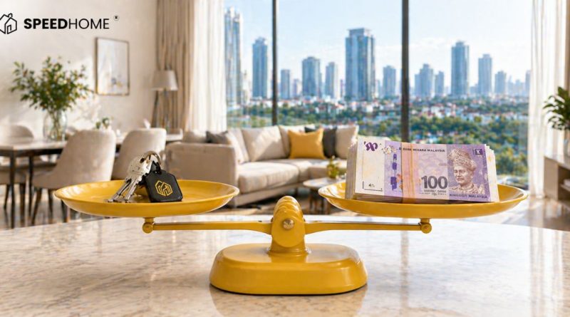 A modern Malaysian apartment scene with a yellow scale balancing keys and currency, illustrating the perfect rental pricing strategy