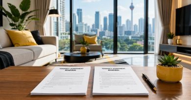 A modern apartment setting with tenancy renewal documents laid out cleanly on a coffee table, representing the renewal process in Malaysia