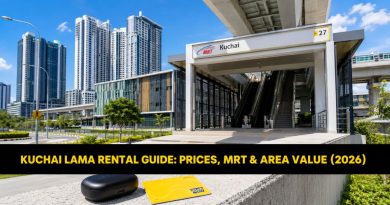 A modern commuter transit card and electronic accessories framed against the Kuchai MRT station entrance, representing a localized rental guide
