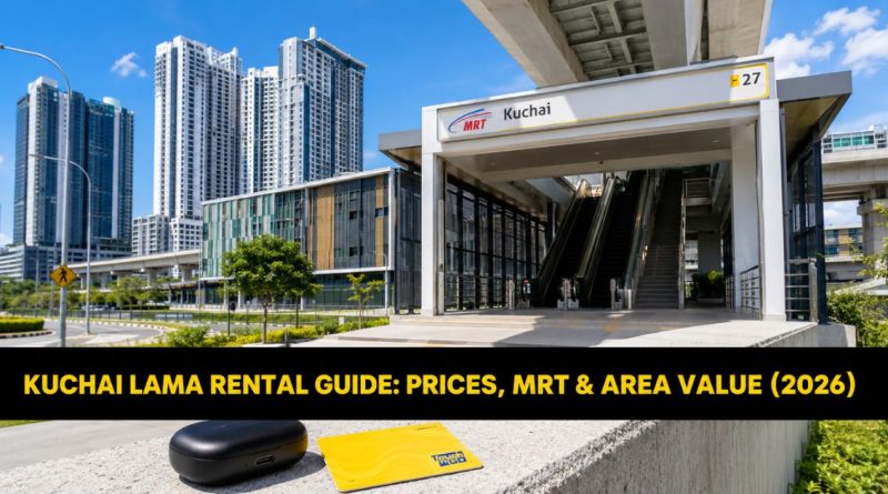 A modern commuter transit card and electronic accessories framed against the Kuchai MRT station entrance, representing a localized rental guide