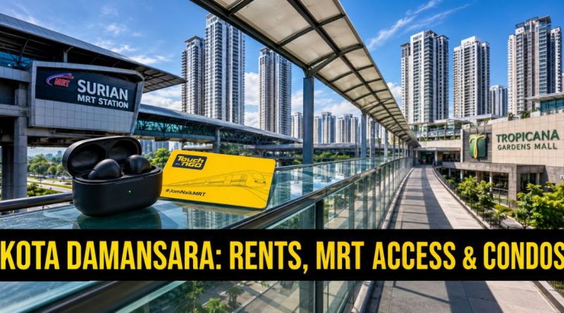 A modern pedestrian link bridge from the Surian MRT station overlooking high-rise condos, representing a Kota Damansara rental guide