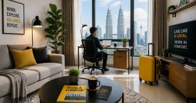 A modern service apartment in Kuala Lumpur perfect for 3 to 6 months short-term rental, featuring a workspace and city views