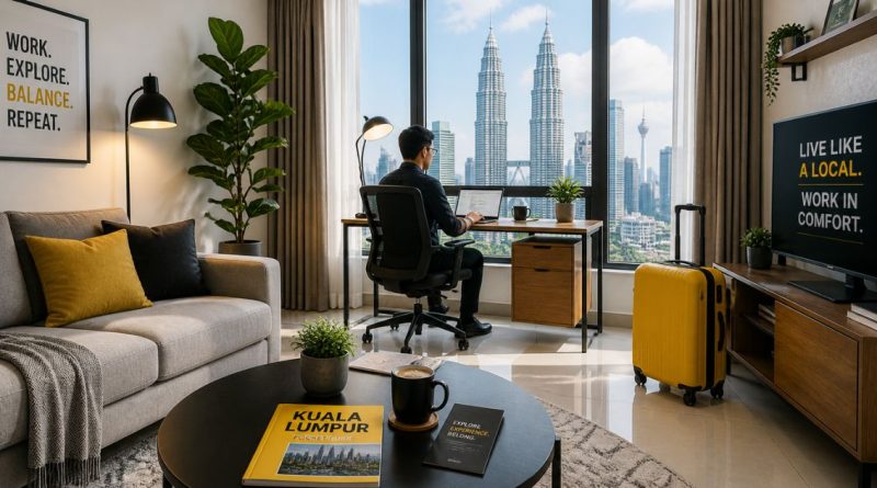 A modern service apartment in Kuala Lumpur perfect for 3 to 6 months short-term rental, featuring a workspace and city views