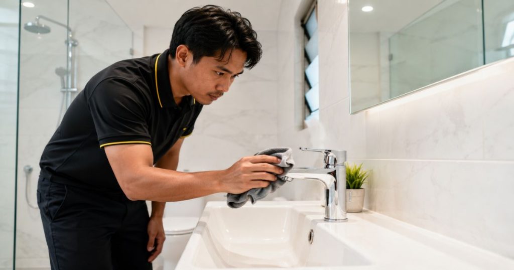 A professional cleaner polishing fixtures in a bathroom, highlighting the deep cleaning phase of property preparation