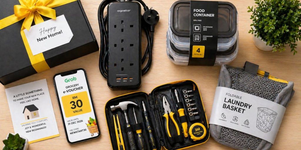 A professional flat-lay of practical housewarming gifts for Malaysian tenants, including electronics, kitchen basics, and digital grocery vouchers
