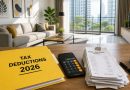 A professional home office setup for a Malaysian landlord organizing tax-deductible repair receipts for the 2026 tax year