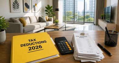A professional home office setup for a Malaysian landlord organizing tax-deductible repair receipts for the 2026 tax year