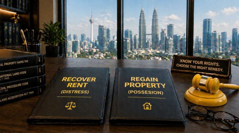 A professional legal-themed featured image comparing Writ of Distress and Writ of Possession options for Malaysian landlords