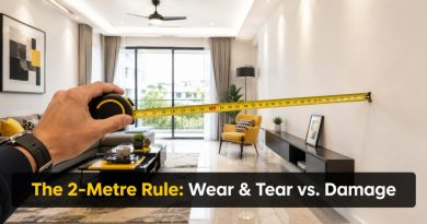A professional measuring 2 metres in a modern living room to demonstrate the wear and tear eye test framework