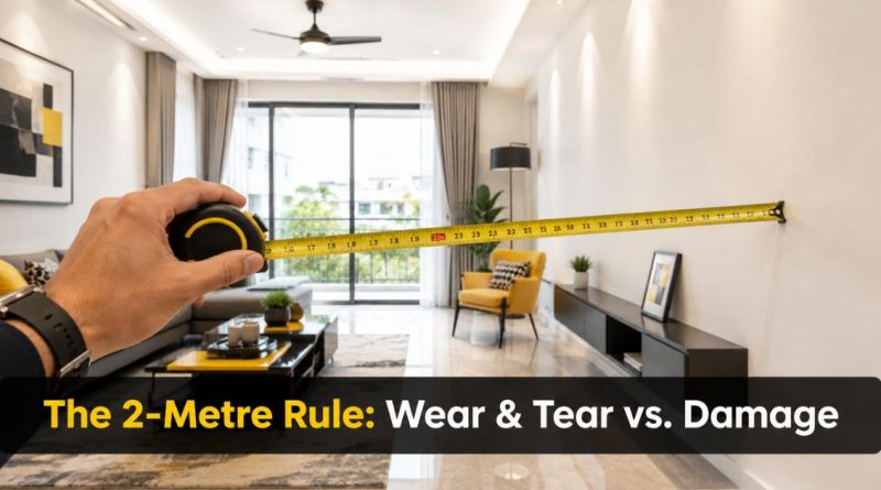 A professional measuring 2 metres in a modern living room to demonstrate the wear and tear eye test framework