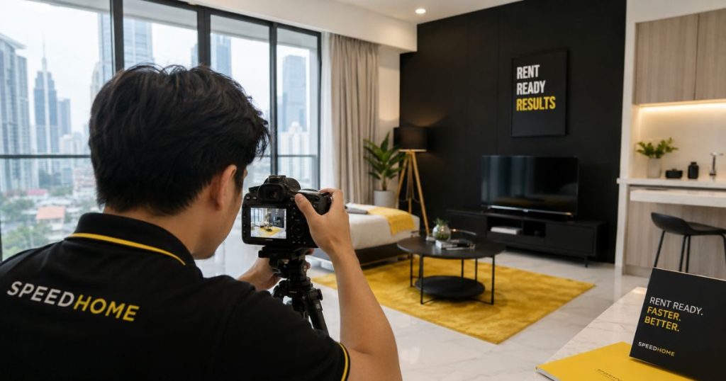 A professional photographer capturing high-quality images of a staged apartment to prepare for a SPEEDHOME listing
