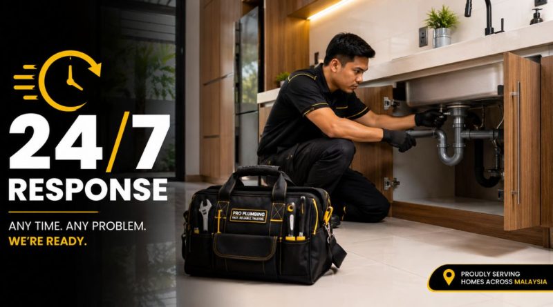 A professional plumber responding to an emergency repair in a modern Malaysian condo kitchen