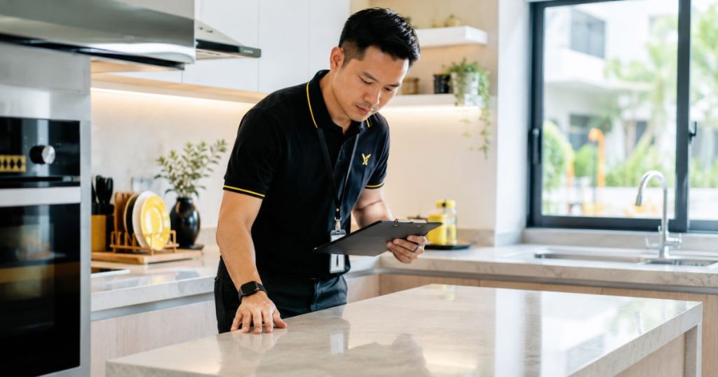 A professional property inspector conducting a move-out assessment in a modern kitchen