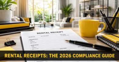 Rental Receipt Malaysia- A professional workspace with a rental receipt template and pen, illustrating landlord receipt compliance in Malaysia
