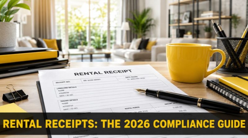Rental Receipt Malaysia- A professional workspace with a rental receipt template and pen, illustrating landlord receipt compliance in Malaysia