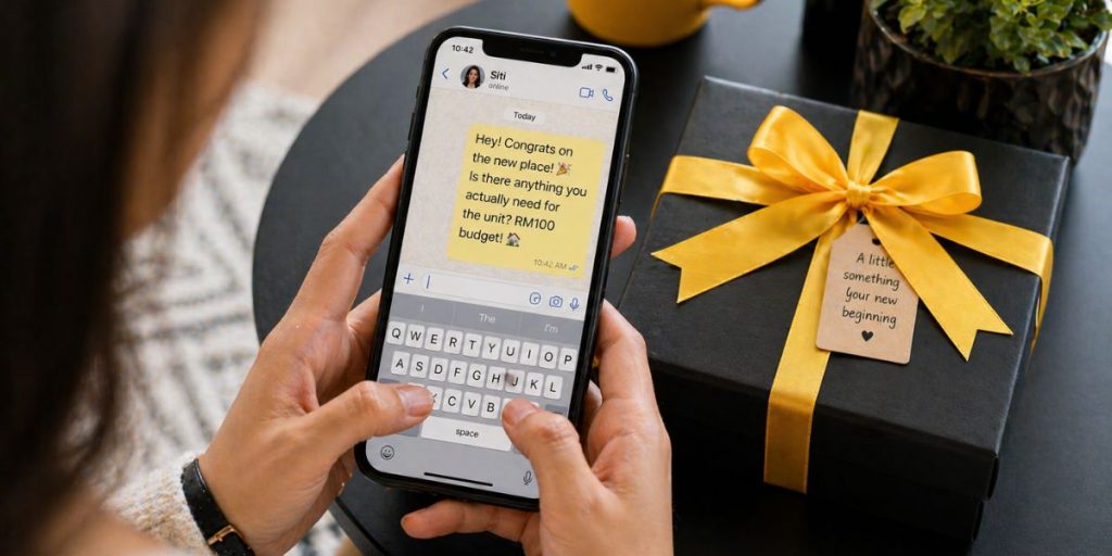 A relatable photo of a person checking with a tenant via WhatsApp before buying a housewarming gift, ensuring the gift is practical and needed