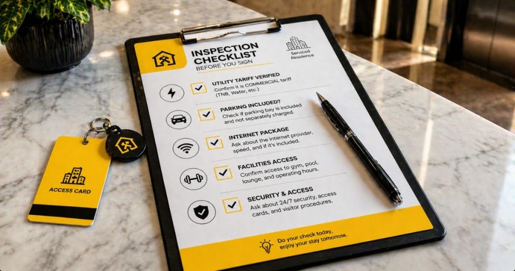 A rental inspection checklist for serviced residences featuring parking, internet, and utility tariff verification steps