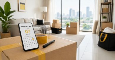 A sealed moving box with a smartphone displaying a countdown calendar, symbolizing a tenant move-out plan in Malaysia