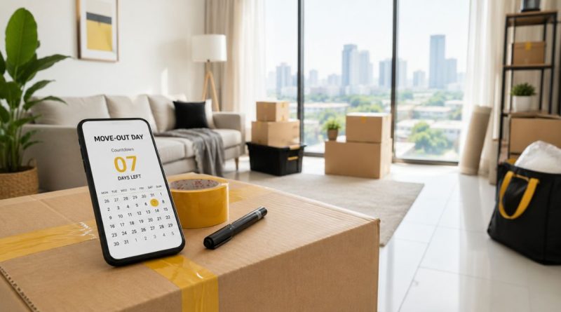 A sealed moving box with a smartphone displaying a countdown calendar, symbolizing a tenant move-out plan in Malaysia