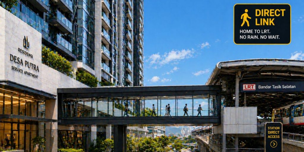 A sharp architectural shot of a Kuala Lumpur condominium featuring a direct, weather-protected link bridge to an LRT station