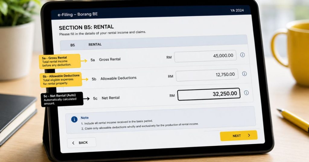 A simulated close-up of the Section B5 rental income data entry screen inside the LHDN e-Filing portal dashboard